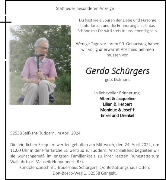 Traueranzeige von Gerda Schürgers von Zeitung am Sonntag