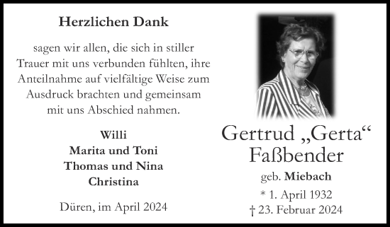 Traueranzeige von Gertrud Faßbender von Zeitung am Sonntag