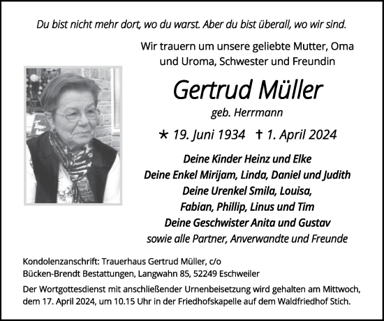 Traueranzeige von Gertrud Müller von Zeitung am Sonntag