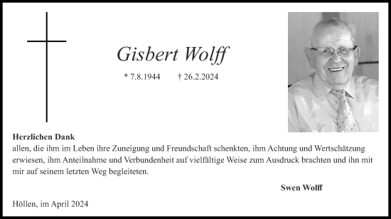 Traueranzeige von Gisbert Wolff von Zeitung am Sonntag