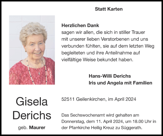 Traueranzeige von Gisela Derichs von Zeitung am Sonntag