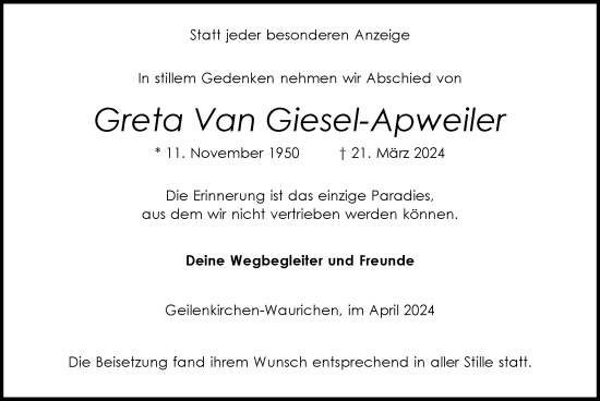 Traueranzeige von Greta Van Giesel-Apweiler von Zeitung am Sonntag