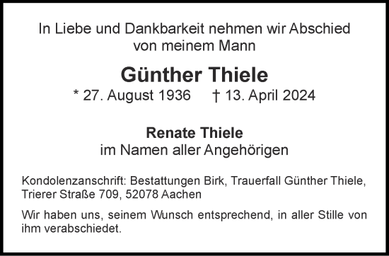 Traueranzeige von Günther Thiele von Aachener Zeitung