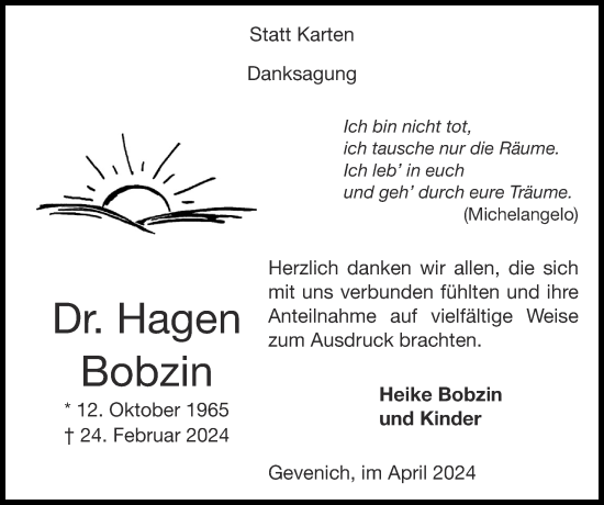 Traueranzeige von Hagen Bobzin von Zeitung am Sonntag