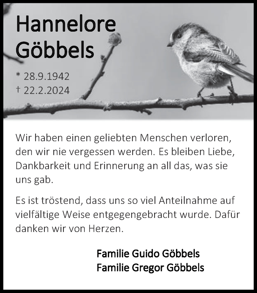  Traueranzeige für Hannelore Göbbels vom 14.04.2024 aus Zeitung am Sonntag
