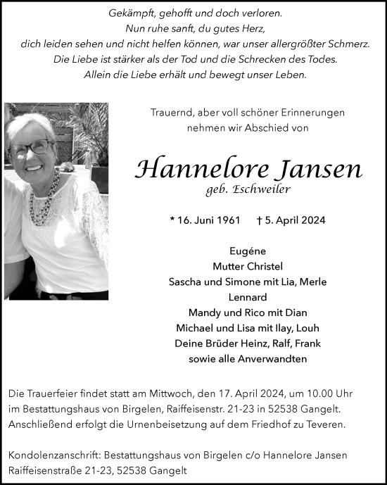 Traueranzeige von Hannelore Jansen von Zeitung am Sonntag