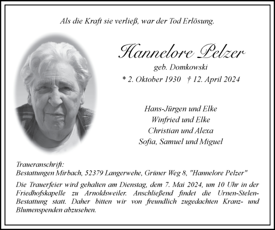 Traueranzeige von Hannelore Pelzer von Zeitung am Sonntag