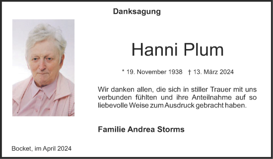 Traueranzeige von Hanni Plum von Zeitung am Sonntag