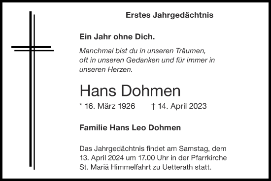 Traueranzeige von Hans Dohmen von Zeitung am Sonntag