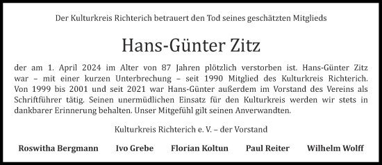Traueranzeige von Hans-Günter Zitz von Aachener Zeitung
