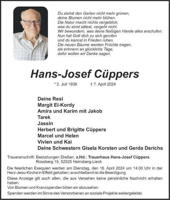 Traueranzeige von Hans-Josef Cüppers von Zeitung am Sonntag