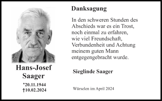 Traueranzeige von Hans-Josef Saager von Zeitung am Sonntag