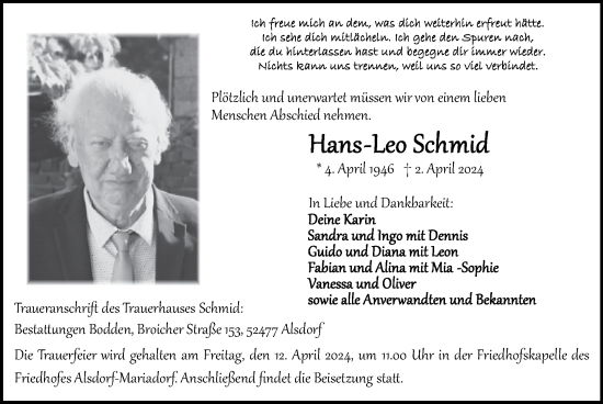 Traueranzeige von Hans-Leo Schmid von Zeitung am Sonntag