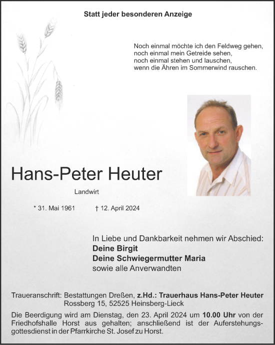 Traueranzeige von Hans-Peter Heuter von Zeitung am Sonntag