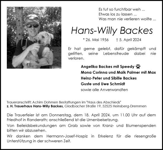 Traueranzeige von Hans-Willy Backes von Zeitung am Sonntag