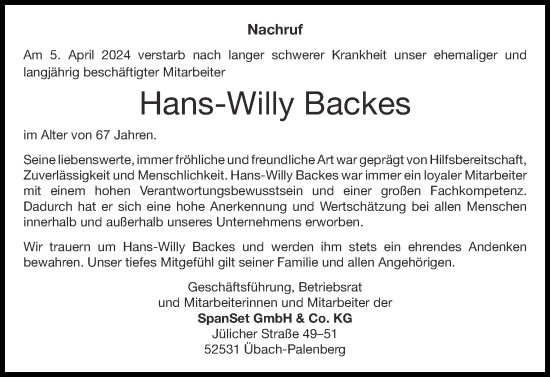 Traueranzeige von Hans-Willy Backes von Zeitung am Sonntag