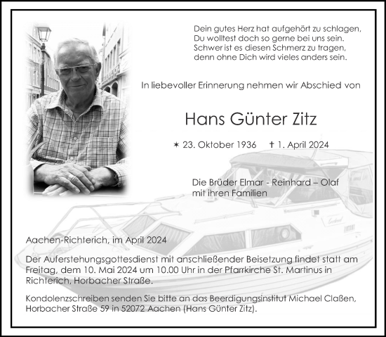 Traueranzeige von Hans Günter Zitz von Aachener Zeitung
