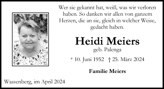 Traueranzeige von Heidi Meiers von Zeitung am Sonntag