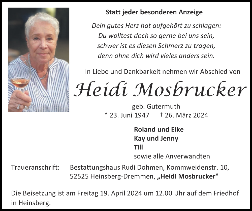  Traueranzeige für Heidi Mosbrucker vom 14.04.2024 aus Zeitung am Sonntag