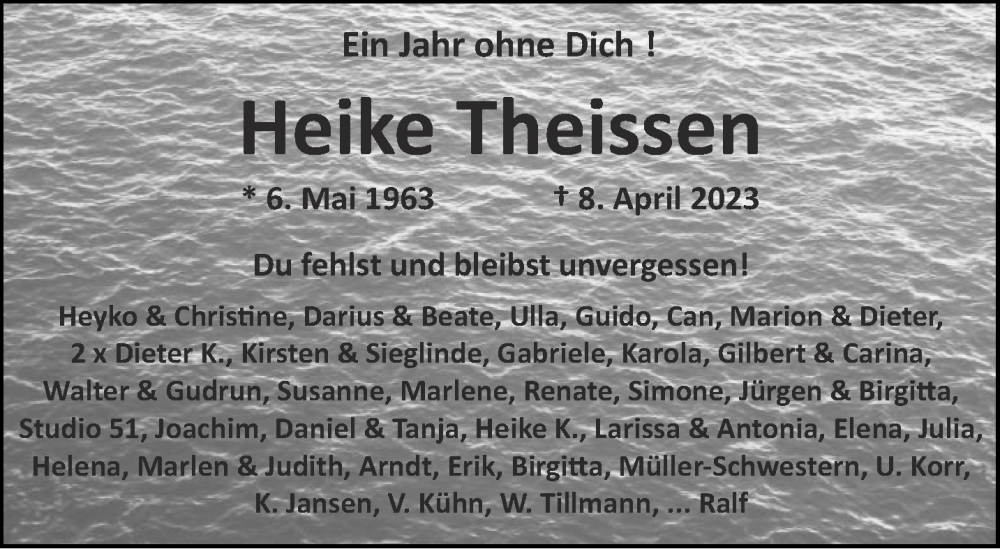  Traueranzeige für Heike Theissen vom 06.04.2024 aus Aachener Zeitung