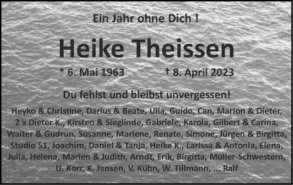  Traueranzeige für Heike Theissen vom 07.04.2024 aus Zeitung am Sonntag