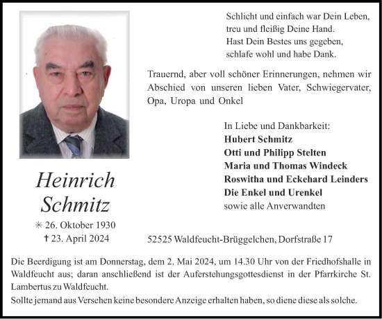 Traueranzeige von Heinrich Schmitz von Zeitung am Sonntag