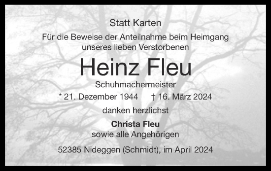 Traueranzeige von Heinz Fleu von Zeitung am Sonntag