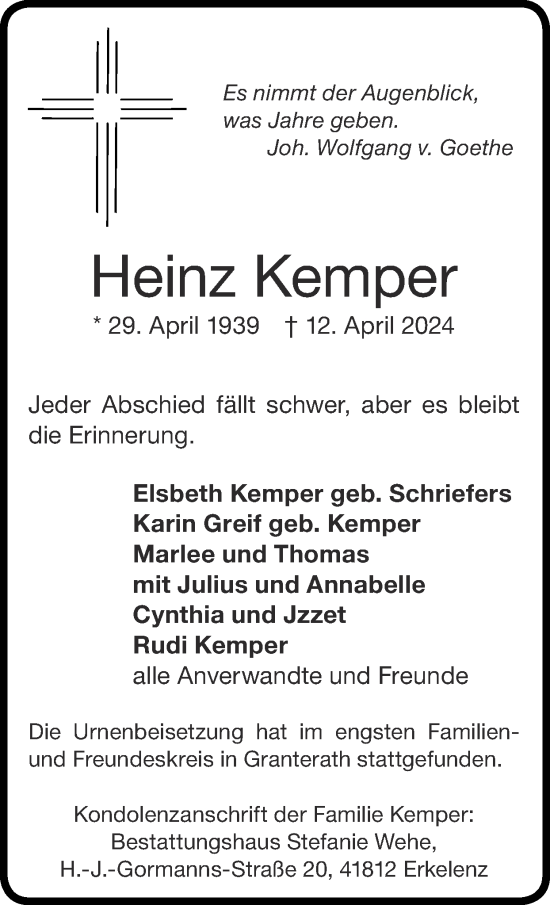 Traueranzeige von Heinz Kemper von Zeitung am Sonntag