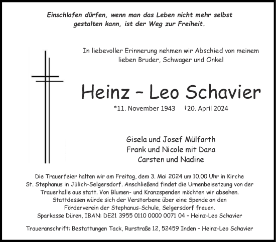 Traueranzeige von Heinz-Leo  Schavier von Zeitung am Sonntag