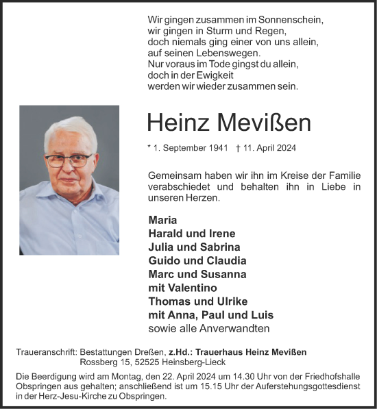 Traueranzeige von Heinz Mevißen von Zeitung am Sonntag