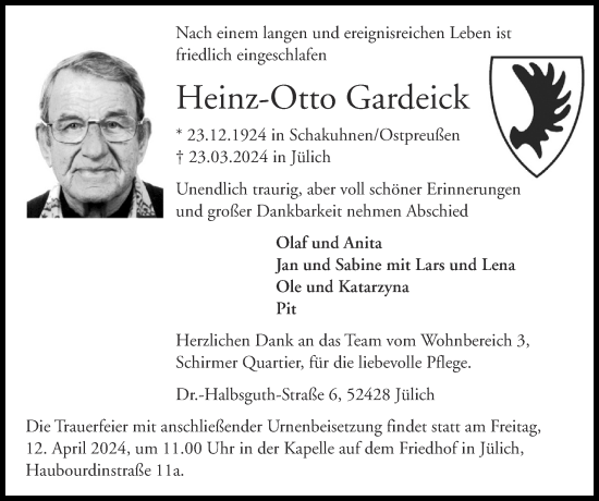 Traueranzeige von Heinz-Otto Gardeick von Zeitung am Sonntag