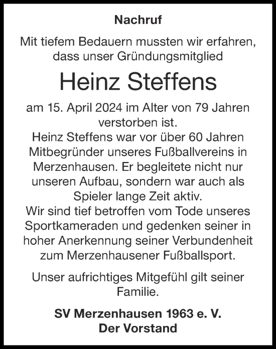 Traueranzeige von Heinz Steffens von Zeitung am Sonntag