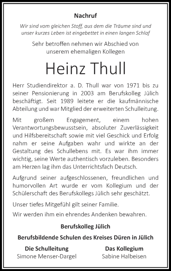 Traueranzeige von Heinz Thull von Zeitung am Sonntag