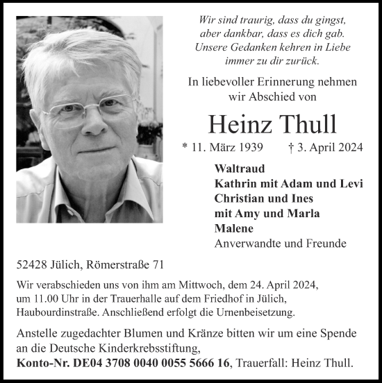 Traueranzeige von Heinz Thull von Zeitung am Sonntag