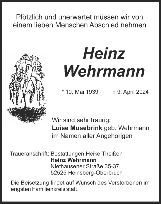Traueranzeige von Heinz Wehrmann von Zeitung am Sonntag