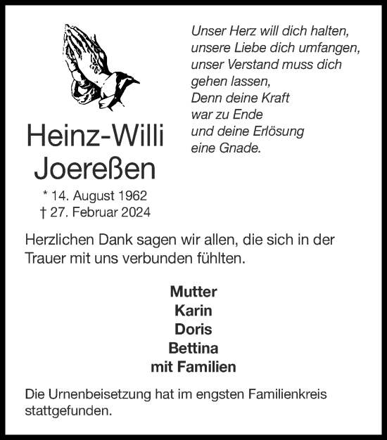 Traueranzeige von Heinz-Willi Joereßen von Zeitung am Sonntag