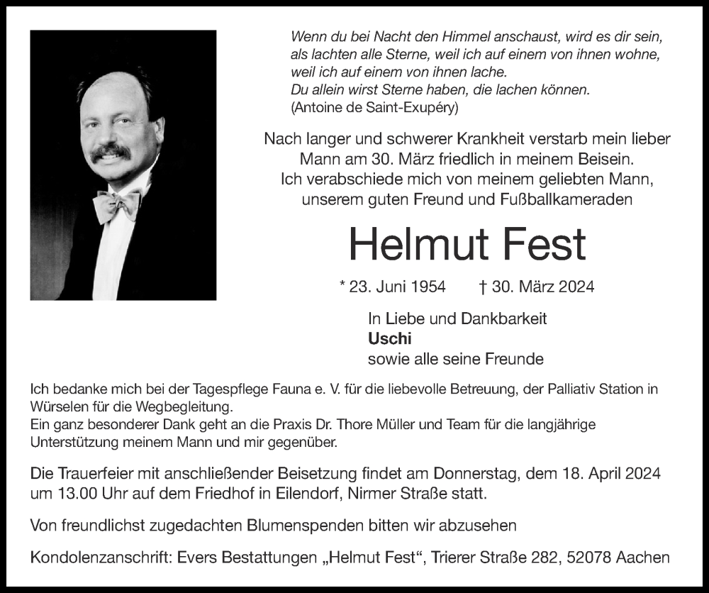  Traueranzeige für Helmut Fest vom 07.04.2024 aus Zeitung am Sonntag