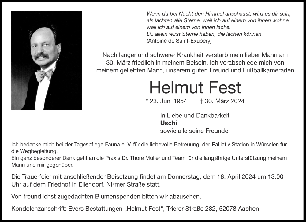  Traueranzeige für Helmut Fest vom 06.04.2024 aus Aachener Zeitung