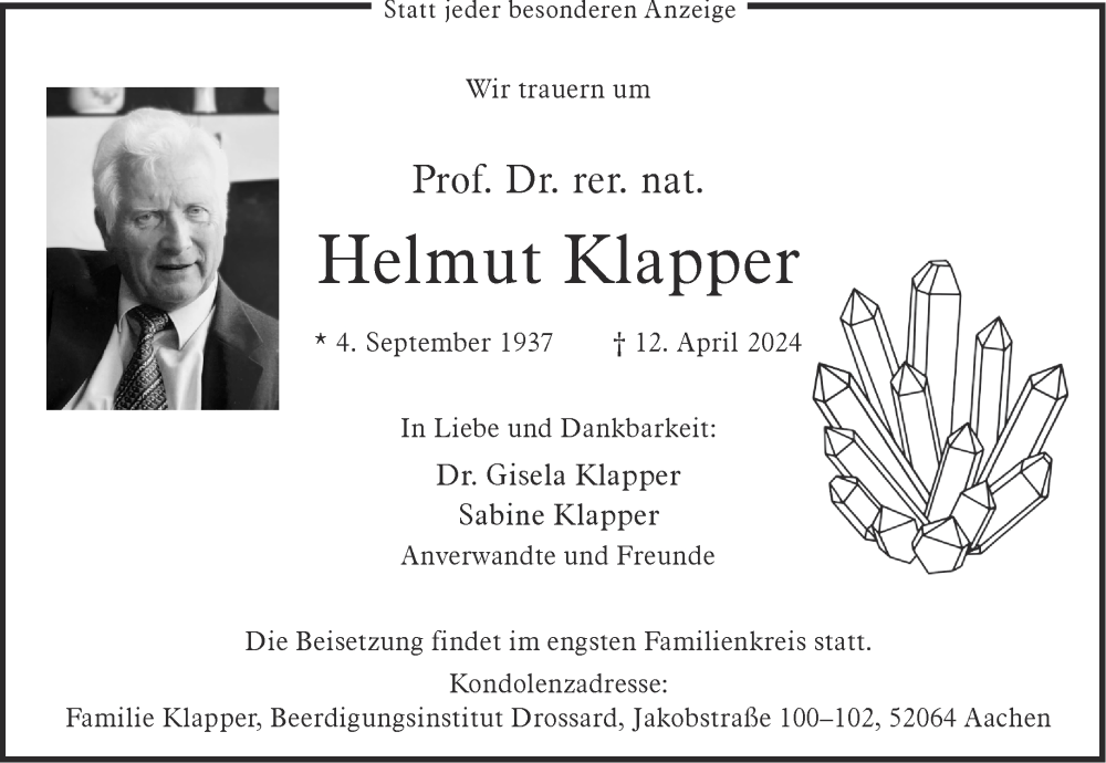  Traueranzeige für Helmut Klapper vom 20.04.2024 aus Aachener Zeitung