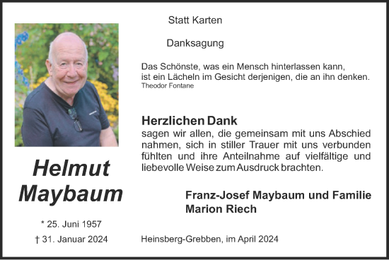 Traueranzeige von Helmut Maybaum von Zeitung am Sonntag
