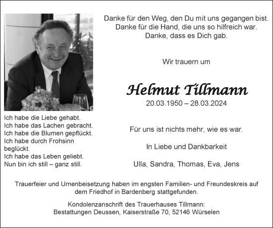 Traueranzeige von Helmut Tillmann von Zeitung am Sonntag