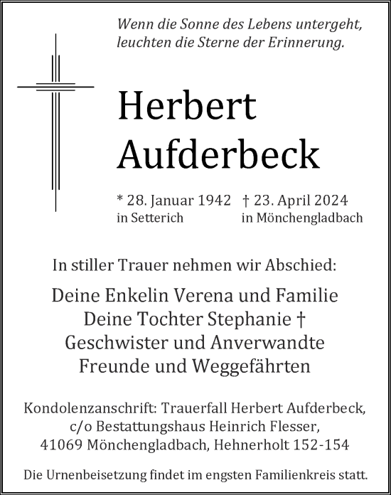 Traueranzeige von Herbert Aufderbeck von Zeitung am Sonntag