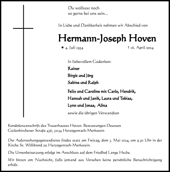 Traueranzeige von Hermann-Joseph Hoven von Aachener Zeitung