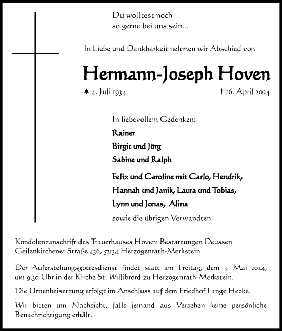 Traueranzeige von Hermann-Joseph Hoven von Zeitung am Sonntag
