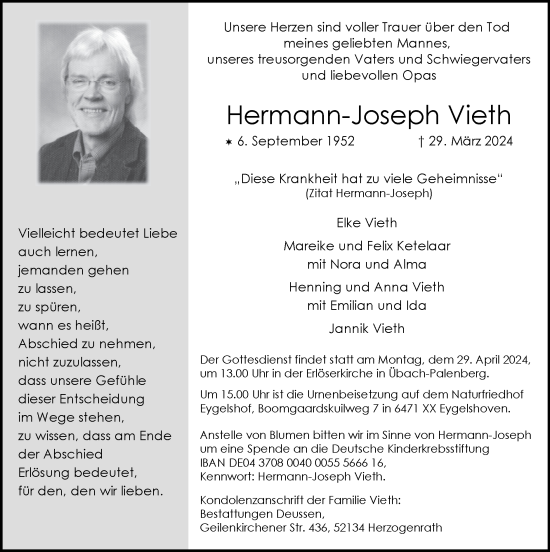 Traueranzeige von Hermann-Joseph Vieth von Zeitung am Sonntag