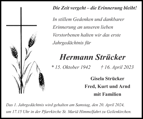 Traueranzeige von Hermann Strücker von Zeitung am Sonntag