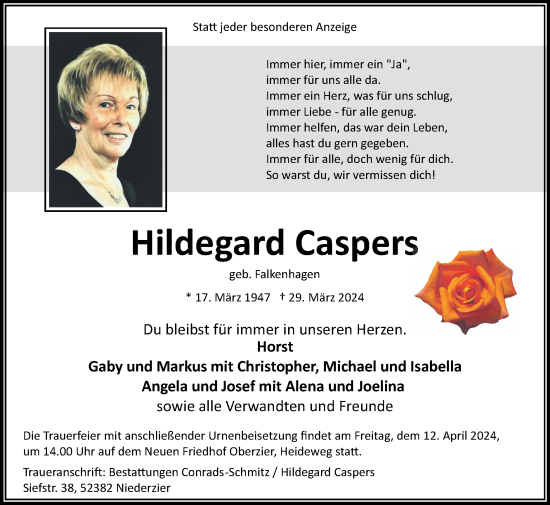 Traueranzeige von Hildegard Caspers von Zeitung am Sonntag