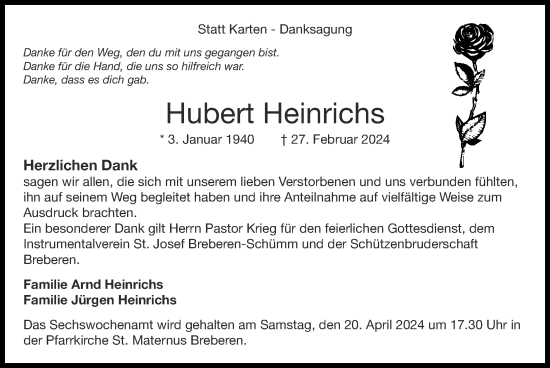 Traueranzeige von Hubert Heinrichs von Zeitung am Sonntag