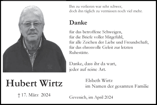 Traueranzeige von Hubert Wirtz von Zeitung am Sonntag