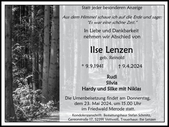 Traueranzeige von Ilse Lenzen von Zeitung am Sonntag
